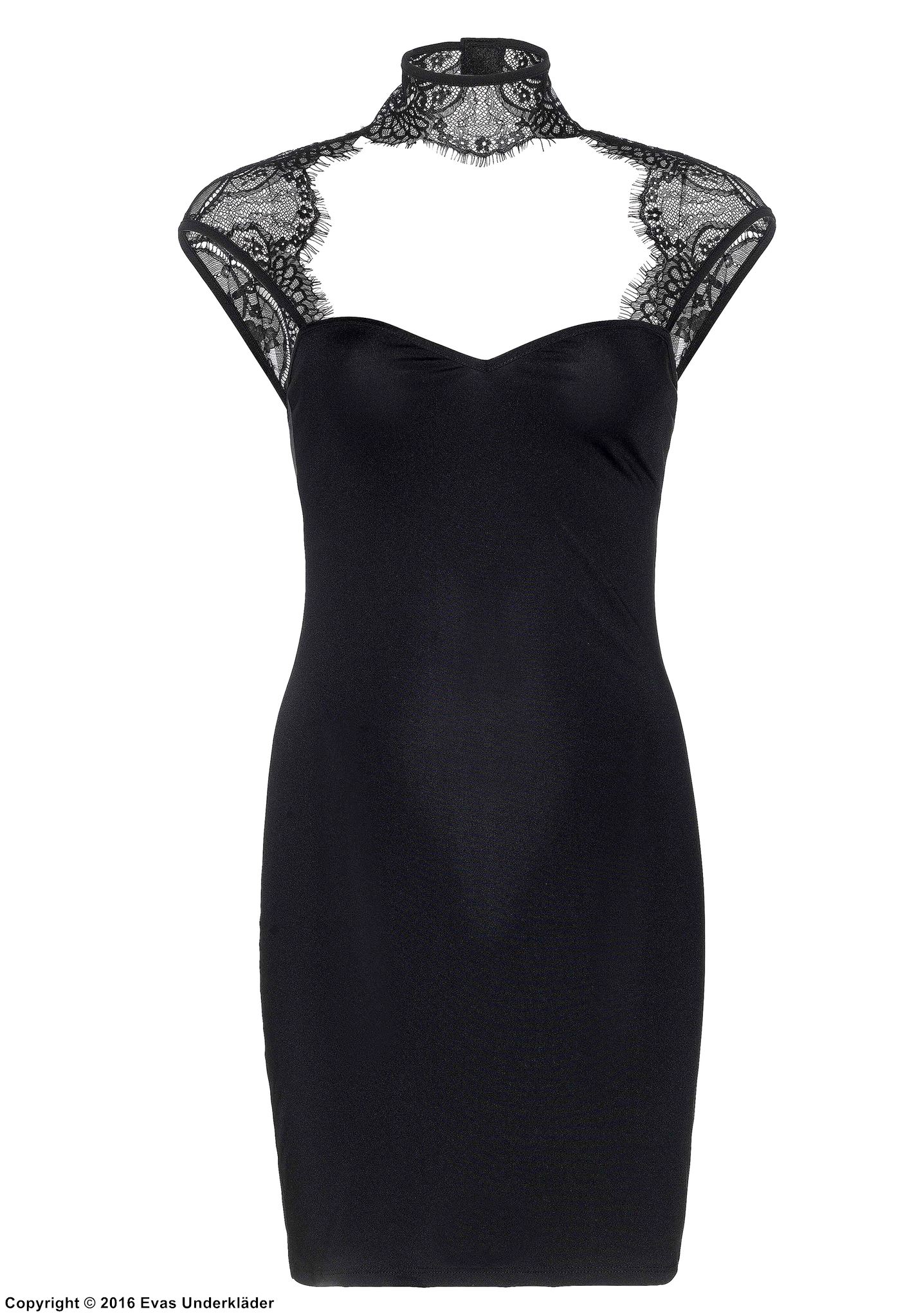 Elegant bodycon-kjole, nøkkelhull, vippekant blonde, flagrende ermer